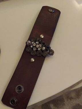 Embellished Brown Leather Snap Bracelet with Crystal Accent